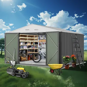 12x10 Ft Outdoor Storage Shed Metal Tool Shed with Lockable Door Waterproof Sloped Roof Galvanized Steel for Garden Patio Lawn Poolside
