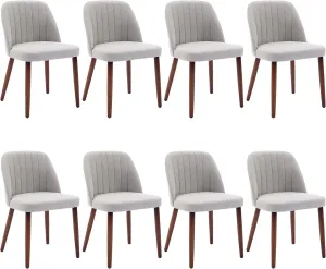 Set of 8 Mid-Century Modern Fabric Upholstered Dining Chairs with Padded and Solid Wood Legs, Grey