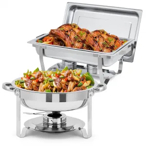 Commercial Chafing Dish Buffet Set – 6 Pack 8QT Rectangular & 5QT Round Stainless Steel Food Warmers, Lids, Pans & Fuel Holders – Stackable, Dishwasher-Safe – Perfect for Catering, Weddings, Banquets (Specs: (1+1)*3)