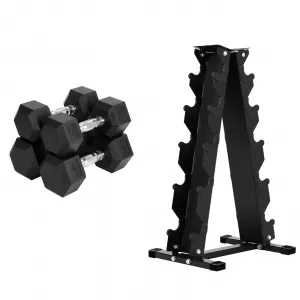 100 LB Hex Dumbbells Set Rubber Coated Strength Training Weights 5-30 LB Black with Storage Rack