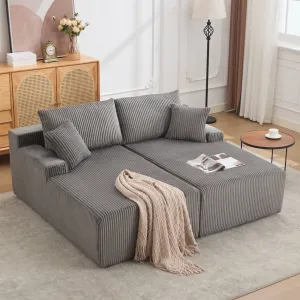 79” Double Lounge Chair Indoor, Oversized Boneless Corduroy Sleeper Sofa Bed with 4 Pillows, Armrests, Comfy Reading Loveseat No Assembly Required Cloud Sofa for Living Room, Bedroom, Gray