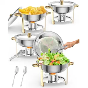 Durable Gold Stainless Steel Chafing Dish Set – 4 Pack 5QT Round Commercial Buffet Food Warmer with Lid Holder, Spoon & Tweezers – High-quality Catering Equipment for Events, Parties, Weddings – Easy to Clean – Specs: 2x2