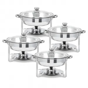 Professional Buffet Warming Solution - 5QT Round Stainless Steel Chafing Dish Set, 4 Pack with Glass Lids, Fuel Holders, Food & Water Pans - Ideal for Catering, Weddings, Parties - Commercial Food Warmer