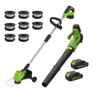 20V Wireless Leaf Blower and String Trimmer Set – 550CFM, 130MPH, 12" Weed Wacker – 2 x 2.0Ah Batteries & Charger, Lightweight, Black+Green