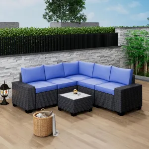 6-Piece Outdoor Patio Sofa Set – All-Weather PE Rattan Wicker – Modular Conversation Furniture with Thick Cushions & Coffee Table – Garden, Poolside, Balcony, Coffee & Blue