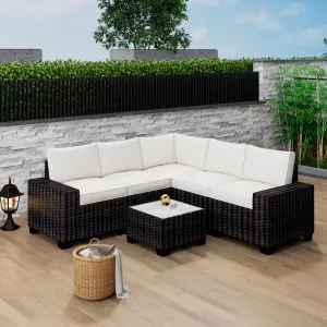 6-Piece Outdoor Patio Sectional Sofa Set – All-Weather PE Rattan Wicker Conversation Furniture with Coffee Table – Thick Beige Cushions – Brown Rattan – Modular Garden Couch for Backyard, Poolside, Balcony