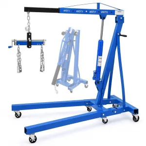 Engine Hoist 2 Ton Heavy Duty Folding Hydraulic Lift with Telescopic Boom, 6 Iron Casters, Carbon Steel, Lever, Blue - Workshop & Garage Use