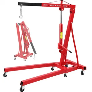2 Ton Folding Hydraulic Engine Hoist, 4400 lbs Shop Crane with Telescopic Boom, 6 Casters, Heavy-Duty for Garage and Workshop, Includes Gloves, Red