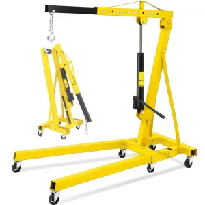 2 Ton Folding Hydraulic Engine Hoist, 4400 lbs Shop Crane with Telescopic Boom, 6 Casters, Heavy-Duty for Garage and Workshop, Includes Gloves, Yellow