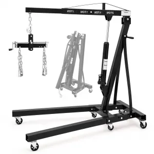 2T Engine Hoist with Lever - 4,000 lbs Heavy-Duty Folding Cherry Picker Hydraulic Tilting Shop Crane with 6 Iron Caster Wheels, Telescopic Boom, and Hitch, Black