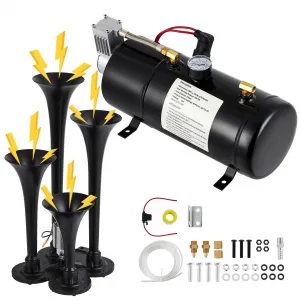 150DB Train Horns Kit, 4 Trumpets Truck Air Horn Kit with 0.8 Gallon Tank & 120 PSI Air Compressor, 12V Train Horns for Pickup Trucks, Car, Motorcycle, Semi, Jeep, RV, SUV, Van, Boats