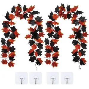 2 Pieces Halloween Maple Leaves Garland,5.7Ft Artificial Hanging Fall Leave Vines with Hook,Halloween Garland Decoration for Front Door Thanksgiving Home Fireplace Party Decoration Red Color