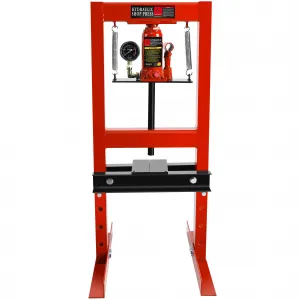6 Ton Shop Press with Pressure Gauge, Adjustable H-Frame Hydraulic Garage Floor Press with Stamping Plates for Bending, Straightening, Pressing Parts, and Installing Bearings & U-Joints, Red