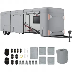 RV Cover, 24’-27’ Heavy Duty RV Travel Trailer Cover, Windproof Waterproof 4 Layers Non-Woven Fabrics Top Cover with Adhesive Repair Patches, Reflective Strips, Rich Accessories, Grey