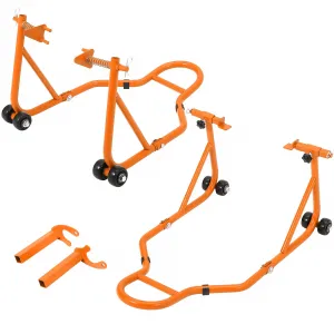 850 Lb Motorcycle Stand Lift – Front/Rear Combo with Wheel Fork & Swingarm Spool Stand, Universal Paddock Lift for Bikes Orange