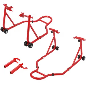 850 LB Motorcycle Stand Lift – Front/Rear Combo with Wheel Fork & U+L Swingarm Spool Stand, Universal Paddock Lift for Bikes Red
