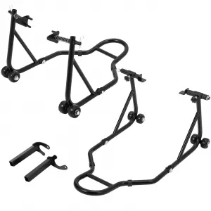 850 LB Motorcycle Stand Lift – Front/Rear Combo with Wheel Fork & U+L Swingarm Spool Stand, Universal Paddock Lift Black