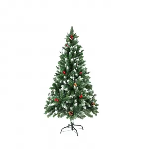 5FT Artificial Snowy Christmas Tree, Unlit Pine Tree with Metal Stand Red Berries Pine Needles Xmas Tree for Indoor and Outdoor Festival Holiday Decoration