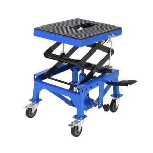 350 lbs Hydraulic Motorcycle Lift Jack Table - Foot-Operated Scissor Lift with Anti-Slip Platform, Drainage Rubber Mat, and J-Hooks for Motorcycle, ATV, and Dirt Bike Maintenance, Blue