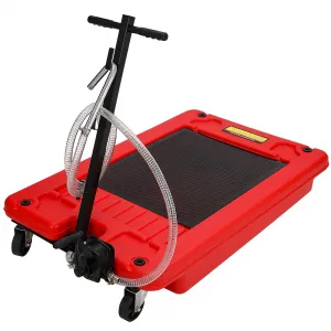17 Gallon Low Profile Oil Drain Pan with Hand Pump, Foldable T Handle, Wheels, Polypropylene, 8FT Hose, for Cars & Trucks