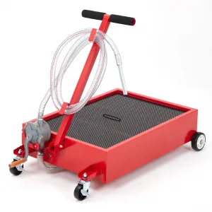 15 Gallon Oil Drain Pan, 57L Low Profile Tank with 8FT Hose, Pump, Swivel Casters, Foldable Handle, for Car, SUV, Truck Oil Change, Red