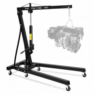 2-Ton Engine Hoist - 4400 lbs Folding Hydraulic Cherry Picker, Heavy-Duty Shop Crane with 6 Caster Wheels and 4 Adjustable Boom Positions for Warehouse, Garage, and Workshop, Black