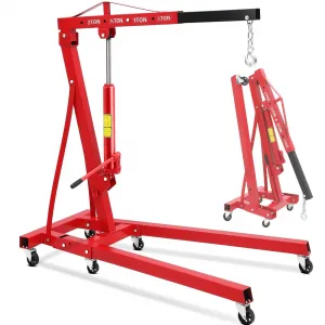 2-Ton Engine Hoist - 4400 lbs Folding Hydraulic Cherry Picker, Heavy-Duty Shop Crane with 6 Caster Wheels and 4 Adjustable Boom Positions for Warehouse, Garage, and Workshop, Red