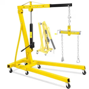 2 Ton Folding Hydraulic Engine Hoist with Leveler, Telescopic Boom, Steel Frame, 6 Wheels, Foldable Design for Garage Workshop, Yellow