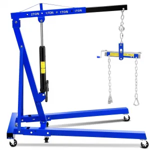 2-Ton Folding Hydraulic Engine Hoist - Heavy-Duty Engine Crane with Leveler, Telescopic Boom, and 6 Casters for Garage, Workshop, and Warehouse, Blue