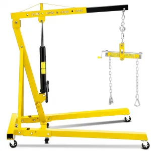 2-Ton Folding Hydraulic Engine Hoist - Heavy-Duty Engine Crane with Leveler, Telescopic Boom, and 6 Casters for Garage, Workshop, and Warehouse, Yellow