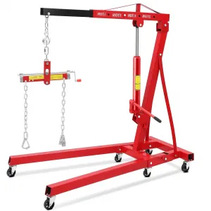 2-Ton Hydraulic Folding Engine Hoist with Leveler, Telescopic Boom, Steel Frame, 6 Swivel Casters, Foldable for Garage Workshop, Red
