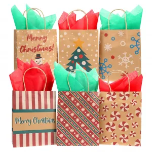 24 Christmas Kraft Gift Bags,Christmas Treat Bags with Assorted Designs for Kraft Holiday Paper Gift Bags, Christmas Goody Bags, Xmas Gift Bags, Classrooms and Party Favors