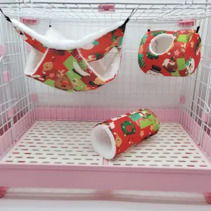 Pet Christmas Hammock Winter Warm Tunnel Hanging Cotton Nest Pet Supplies for Hamster Squirrel Guinea Pig Christmas Three Piece Set red