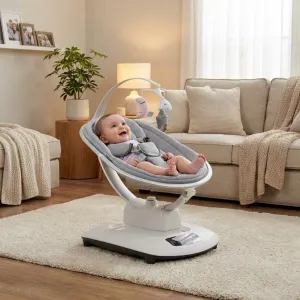 Electric Baby Swings with 5 Soothing Motions, 5 Speed Levels and Remote Control Reclining Seat with 5-Point Harness, 5 Preset Music & Sounds for Infants & Newborns, Light Grey