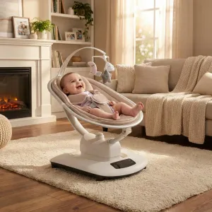 Electric Baby Swings with 5 Soothing Motions, 5 Speed Levels and Remote Control Reclining Seat with 5-Point Harness, 5 Preset Music & Sounds for Infants & Newborns, Khaki