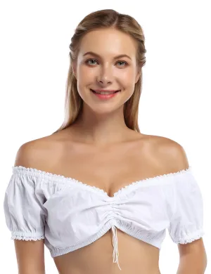 Women's Bavarian Oktoberfest Costume Off Shoulder Dirndl Blouse Beer Garden Crop Top XL White Cotton