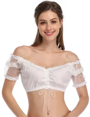 Women's Bavarian Oktoberfest Costume Traditional Lace Off Shoulder Dirndl Blouse Beer Garden Crop Top S White