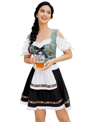 Women's German Dirndl Dress Traditional Bavarian Oktoberfest Costume Green Plaid Gray L