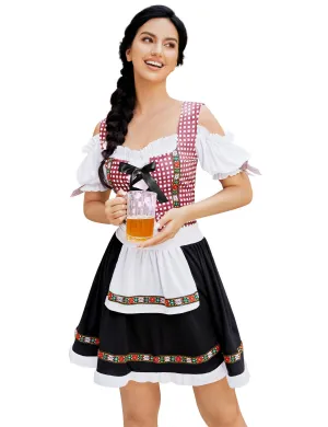 Women's German Dirndl Dress Traditional Bavarian Oktoberfest Costume Red Plaid Gray 2XL