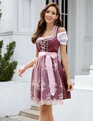 Women's German Dirndl Dress Traditional Bavarian Oktoberfest Costume 3 Pieces Red Pink Cotton