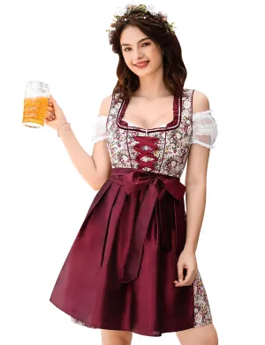 Women German Dirndl Dress Traditional Bavarian Beer Garden Oktoberfest Costume 3 Pieces Summer Red L