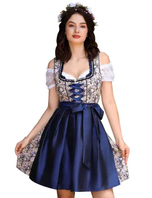 Women German Dirndl Dress Traditional Bavarian Beer Garden 3 Pieces Oktoberfest Costume Summer Blue L