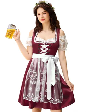 Women's German Dirndl Dress 3 Pieces Burgundy XL Traditional Bavarian Oktoberfest Costume