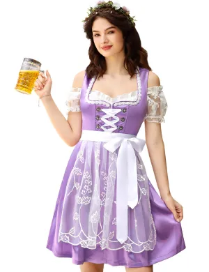 Women's German Dirndl Dress 3 Pieces Traditional Bavarian Oktoberfest Costume Purple 2XL