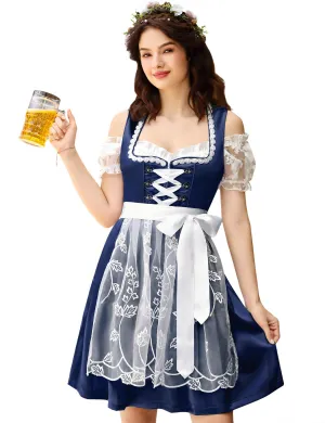 Women's German Dirndl Dress 3 Pieces Traditional Bavarian Oktoberfest Costume Navy Blue XL for Carnival Party