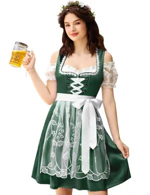 Women's German Dirndl Dress 3 Pieces Traditional Bavarian Oktoberfest Costume Green XL for Carnival Party