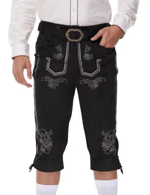 Men's Lederhosen Oktoberfest Pants Black M Suede Leather German Bavarian Costume with Embroidery and Belt for Beer Festivals