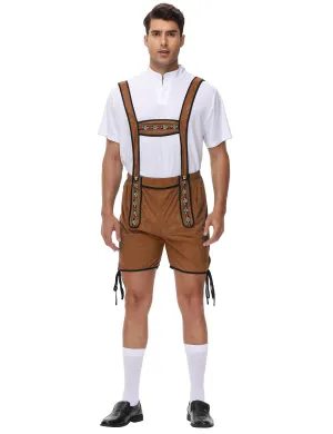 Men's 2 Pcs German Oktoberfest Costume Set Bavarian Lederhosen Shirts Set Brown Large