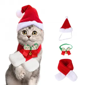 3pcs Pet Christmas Costume Outfit Set,Pet Christmas Scarf Hat Set Cat Dog Polar Fleece Dress Up Clothes Cosplay Outfit for Christmas Decor