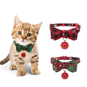 Dog Christmas Collar with Bells Cute Bow Tie Adjustable 27-40cm Neck Circumference Pet Collar Neck Accessories Green